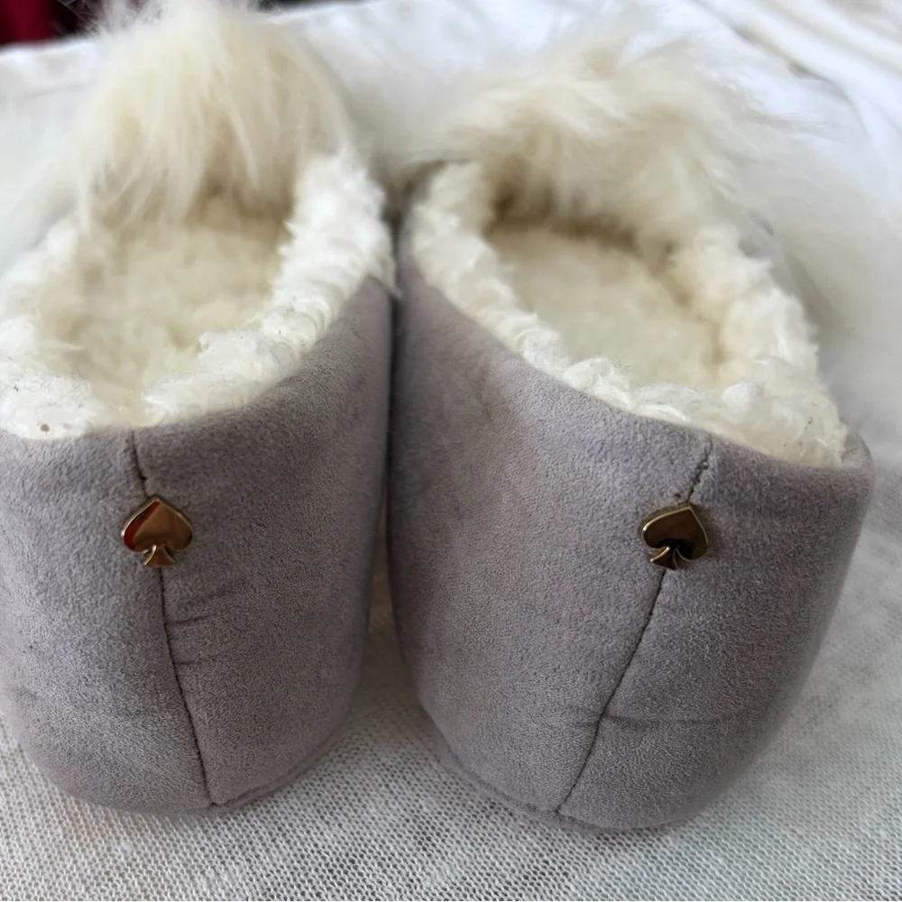 Kate Spade Owl Slippers Women Size 6 Gray Cream Faux Fur Sherpa Lined Whimsical